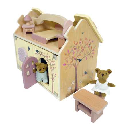 Puppenbärenhaus aus Holz mit 2 Plüschbären