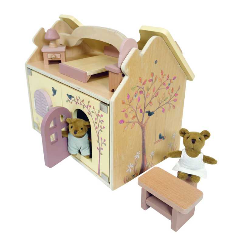 Puppenbärenhaus aus Holz mit 2 Plüschbären
